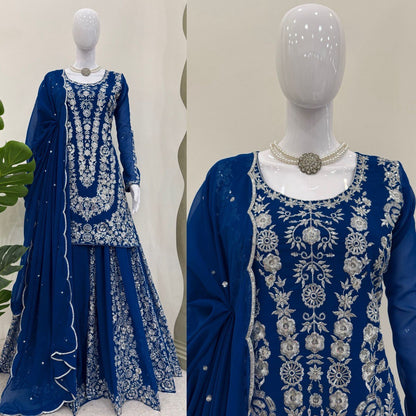 Wedding Wear Teal Blue Color Faux Georgette And Thread With Sequence Work Beautiful Palazzo Suit