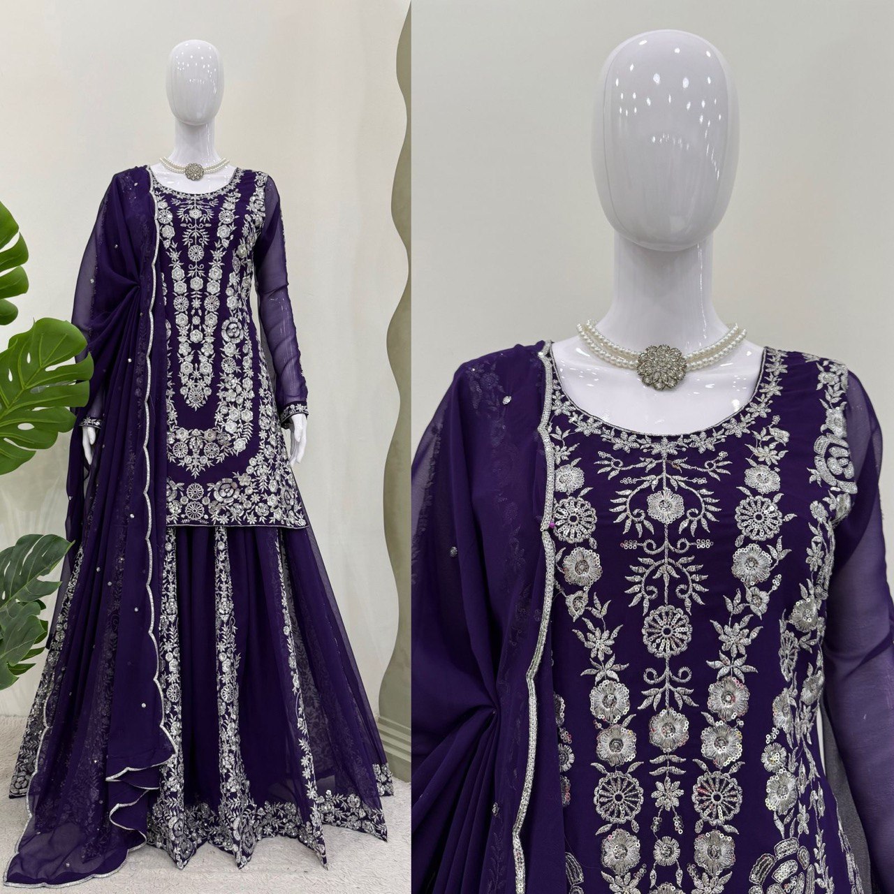 Ceremony Wear Navy Color Faux Georgette And Thread With Sequence Work Beautiful Palazzo Suit