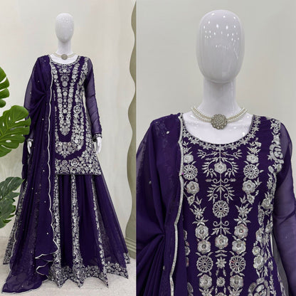 Ceremony Wear Navy Color Faux Georgette And Thread With Sequence Work Beautiful Palazzo Suit