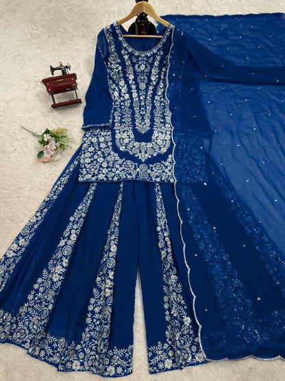 Wedding Wear Teal Blue Color Faux Georgette And Thread With Sequence Work Beautiful Palazzo Suit