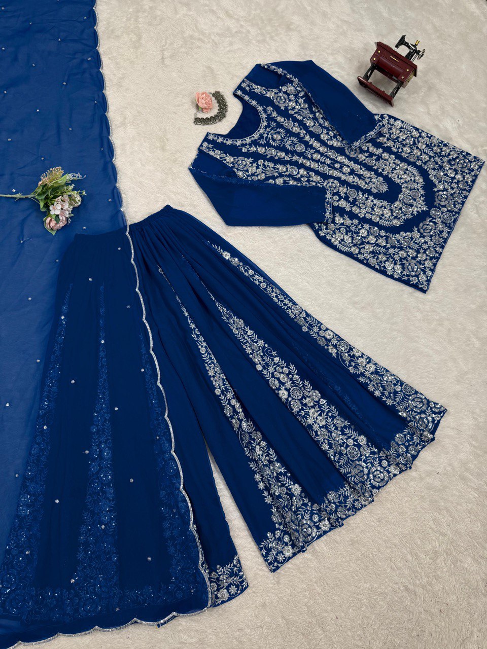 Wedding Wear Teal Blue Color Faux Georgette And Thread With Sequence Work Beautiful Palazzo Suit