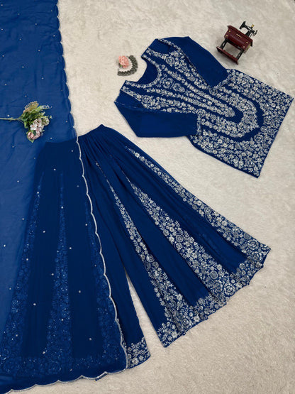Wedding Wear Teal Blue Color Faux Georgette And Thread With Sequence Work Beautiful Palazzo Suit