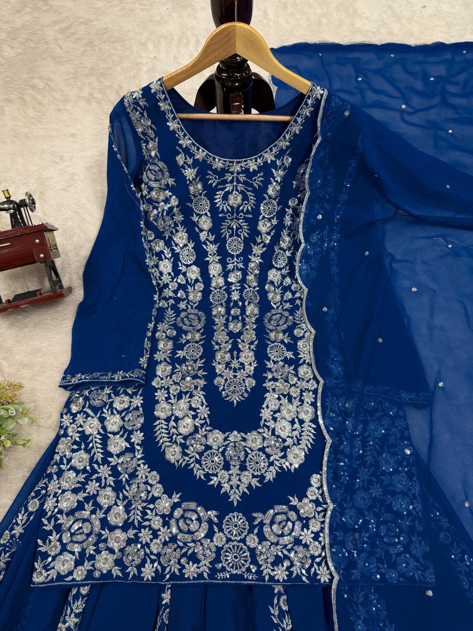 Wedding Wear Teal Blue Color Faux Georgette And Thread With Sequence Work Beautiful Palazzo Suit