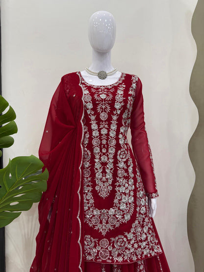 Party Wear Maroon Color Faux Georgette And Thread With Sequence Work Beautiful Palazzo Suit