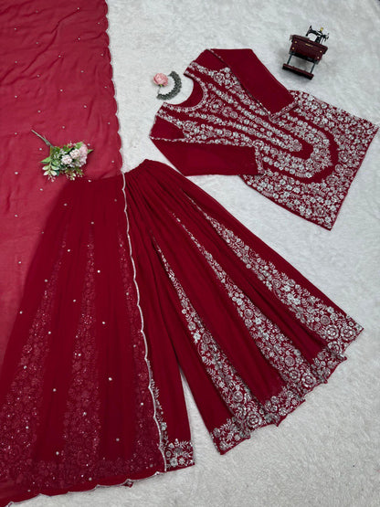 Party Wear Maroon Color Faux Georgette And Thread With Sequence Work Beautiful Palazzo Suit