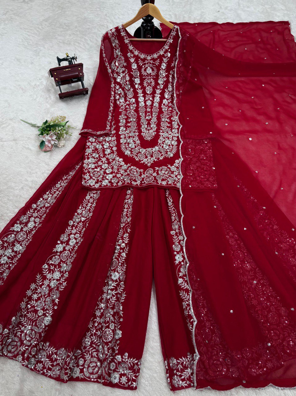 Party Wear Maroon Color Faux Georgette And Thread With Sequence Work Beautiful Palazzo Suit