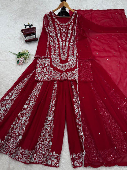 Party Wear Maroon Color Faux Georgette And Thread With Sequence Work Beautiful Palazzo Suit