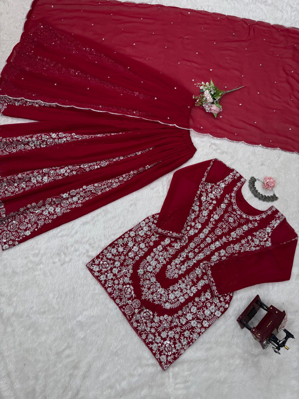 Party Wear Maroon Color Faux Georgette And Thread With Sequence Work Beautiful Palazzo Suit