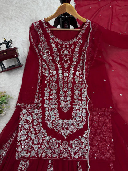 Party Wear Maroon Color Faux Georgette And Thread With Sequence Work Beautiful Palazzo Suit