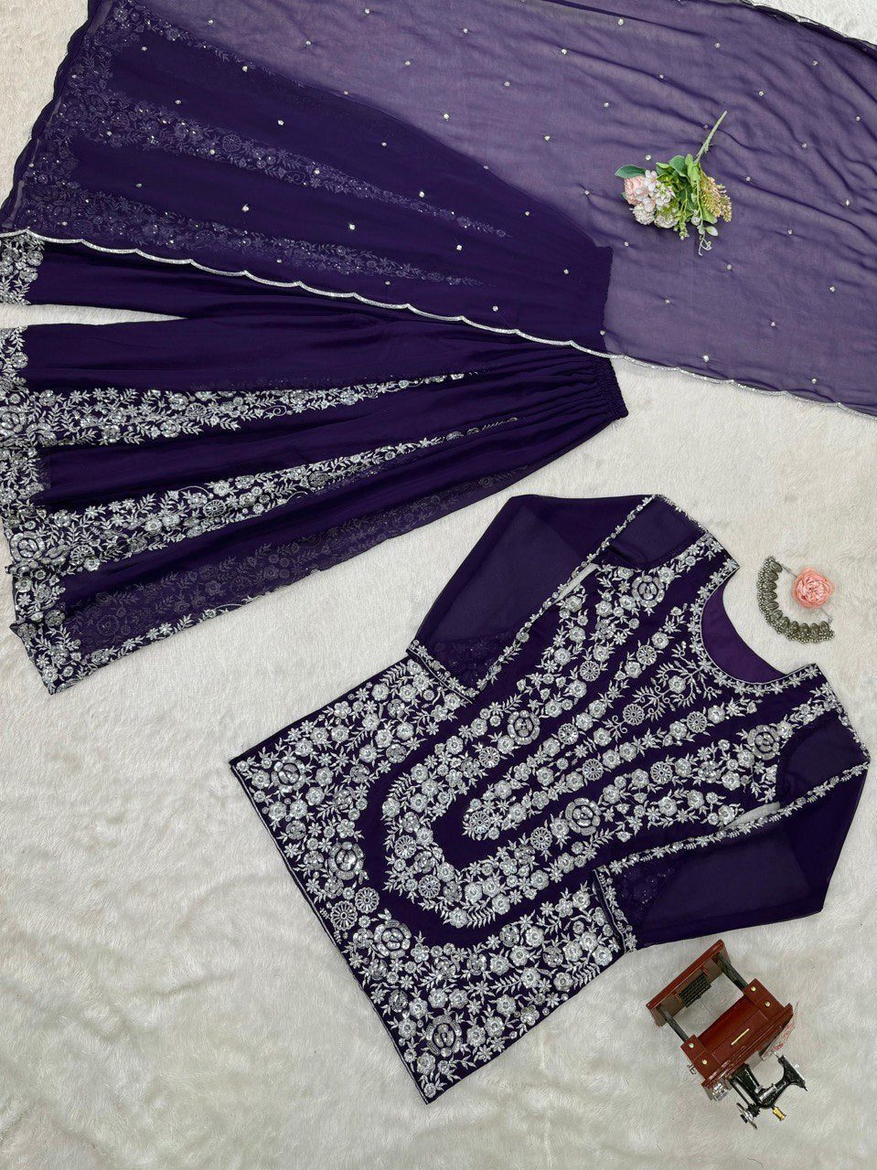 Ceremony Wear Navy Color Faux Georgette And Thread With Sequence Work Beautiful Palazzo Suit