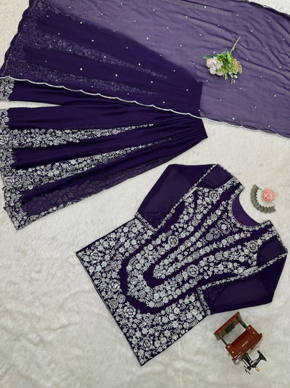 Ceremony Wear Navy Color Faux Georgette And Thread With Sequence Work Beautiful Palazzo Suit