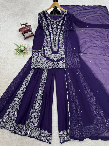 Ceremony Wear Navy Color Faux Georgette And Thread With Sequence Work Beautiful Palazzo Suit