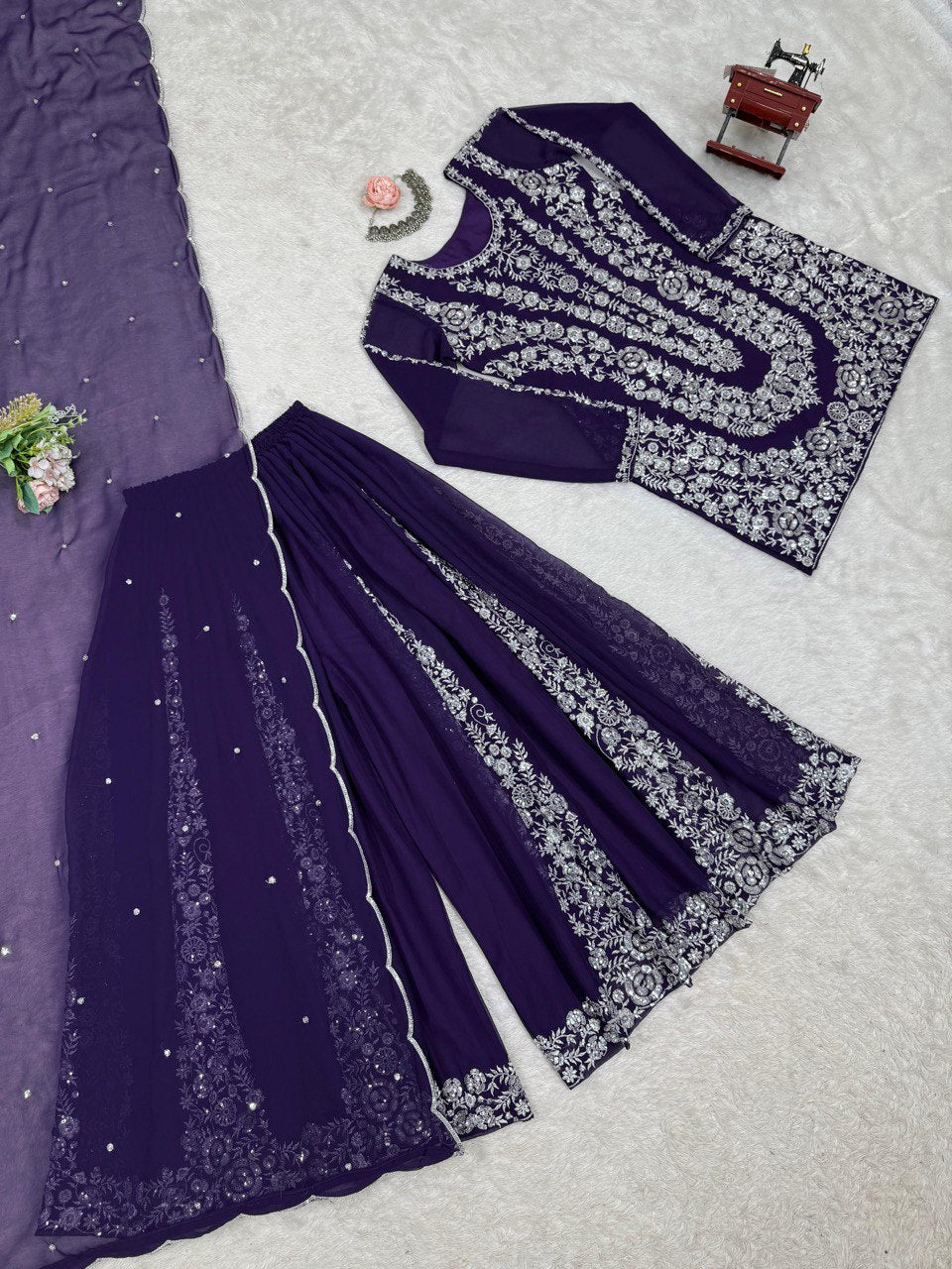 Ceremony Wear Navy Color Faux Georgette And Thread With Sequence Work Beautiful Palazzo Suit