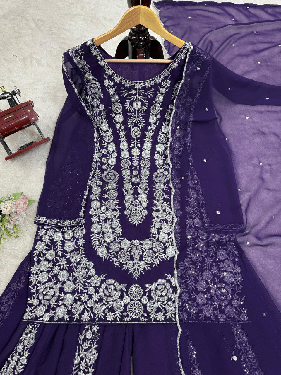 Ceremony Wear Navy Color Faux Georgette And Thread With Sequence Work Beautiful Palazzo Suit