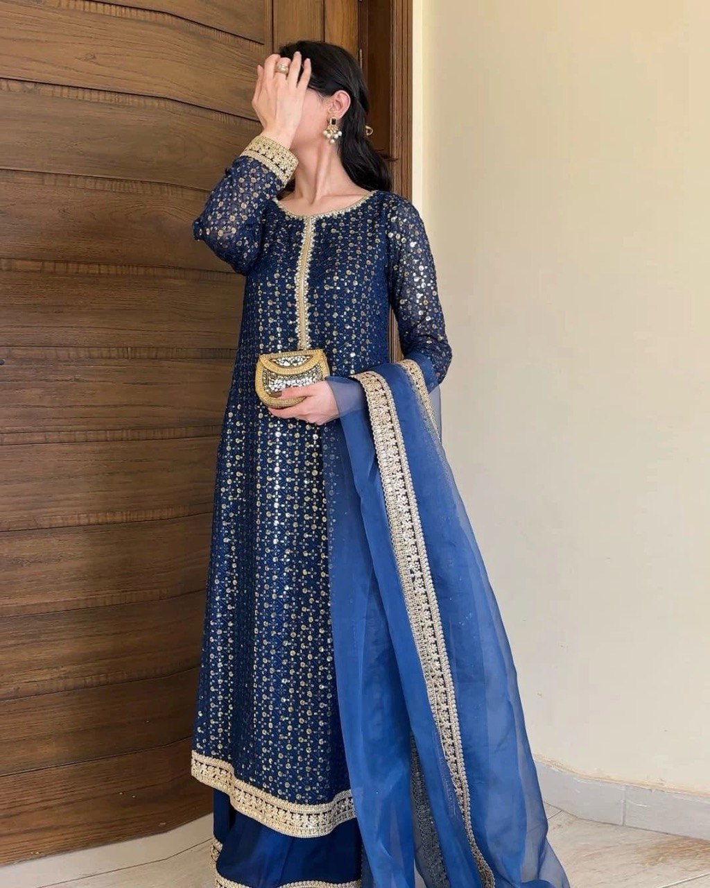 Exclusive Navy Blue Color Faux Georgette And Thread With Sequence Work Salwar Suit