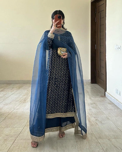 Exclusive Navy Blue Color Faux Georgette And Thread With Sequence Work Salwar Suit
