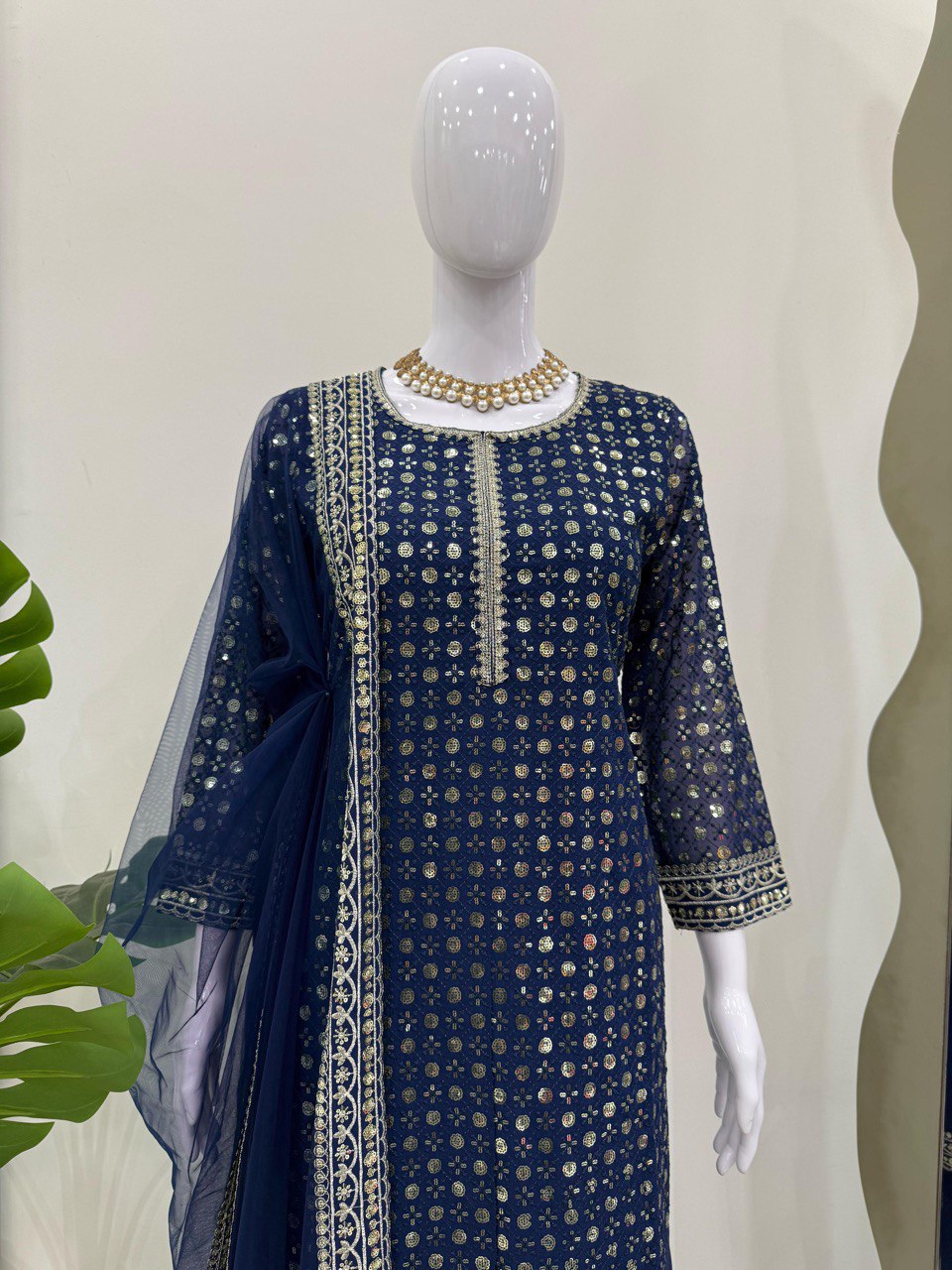 Exclusive Navy Blue Color Faux Georgette And Thread With Sequence Work Salwar Suit