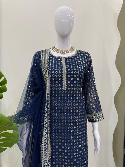Exclusive Navy Blue Color Faux Georgette And Thread With Sequence Work Salwar Suit