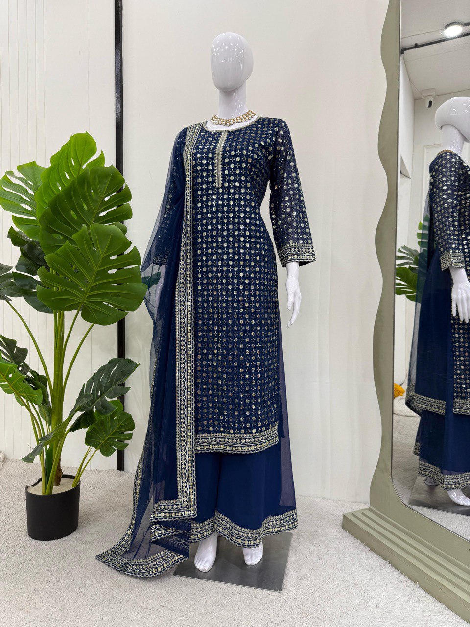 Exclusive Navy Blue Color Faux Georgette And Thread With Sequence Work Salwar Suit