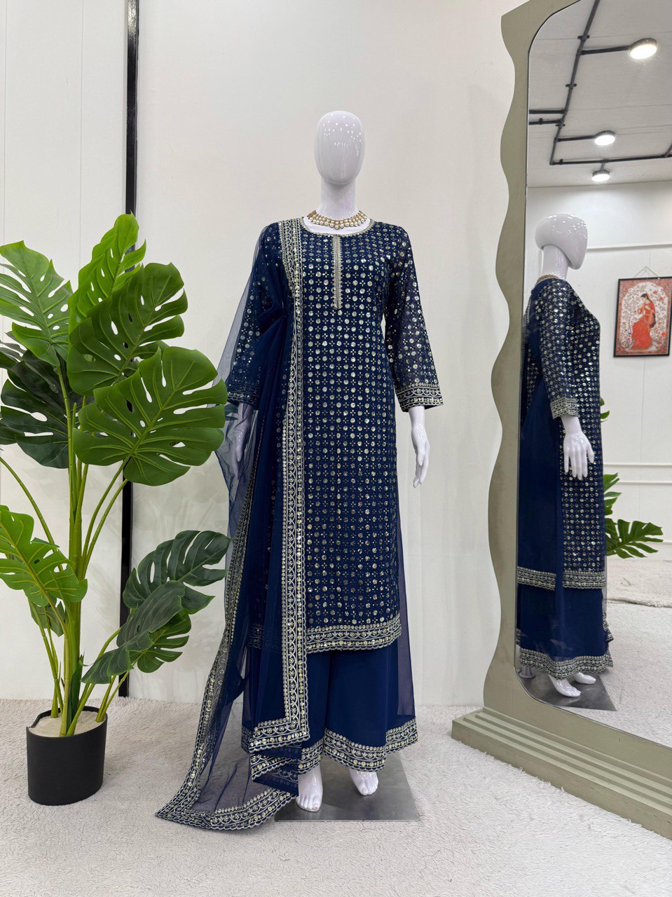 Exclusive Navy Blue Color Faux Georgette And Thread With Sequence Work Salwar Suit