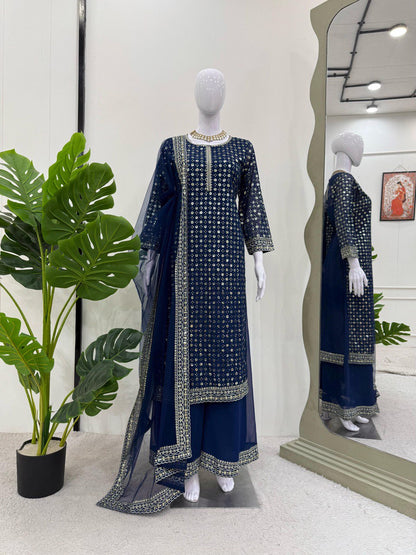 Exclusive Navy Blue Color Faux Georgette And Thread With Sequence Work Salwar Suit