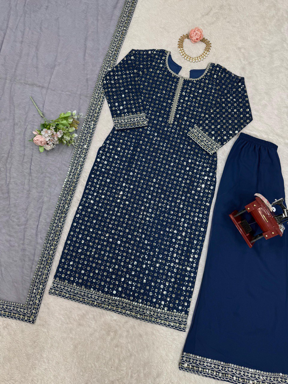 Exclusive Navy Blue Color Faux Georgette And Thread With Sequence Work Salwar Suit
