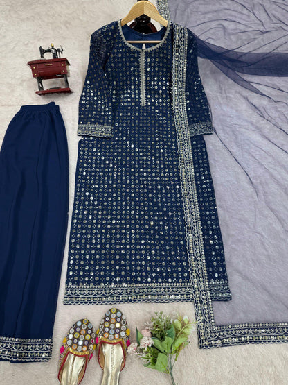 Exclusive Navy Blue Color Faux Georgette And Thread With Sequence Work Salwar Suit