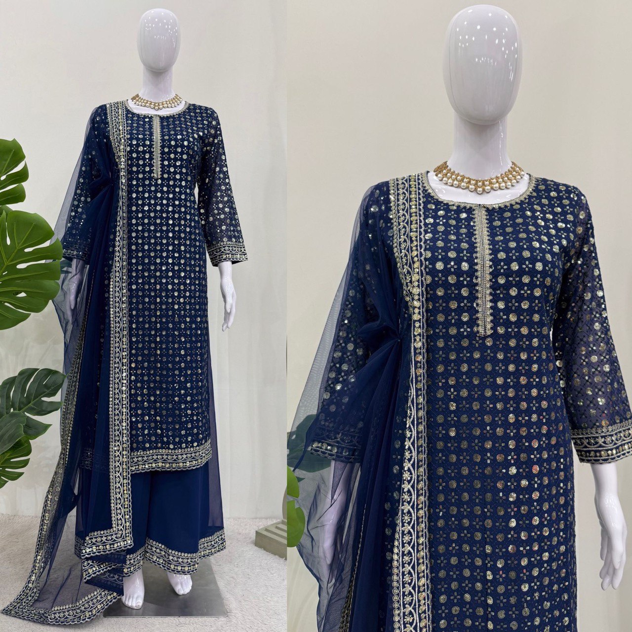 Exclusive Navy Blue Color Faux Georgette And Thread With Sequence Work Salwar Suit