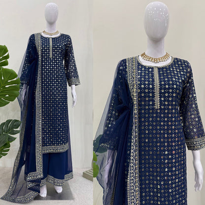 Exclusive Navy Blue Color Faux Georgette And Thread With Sequence Work Salwar Suit
