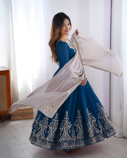 Reception Wear Navy Blue Color Embroidery Sequence Work Designer Gown