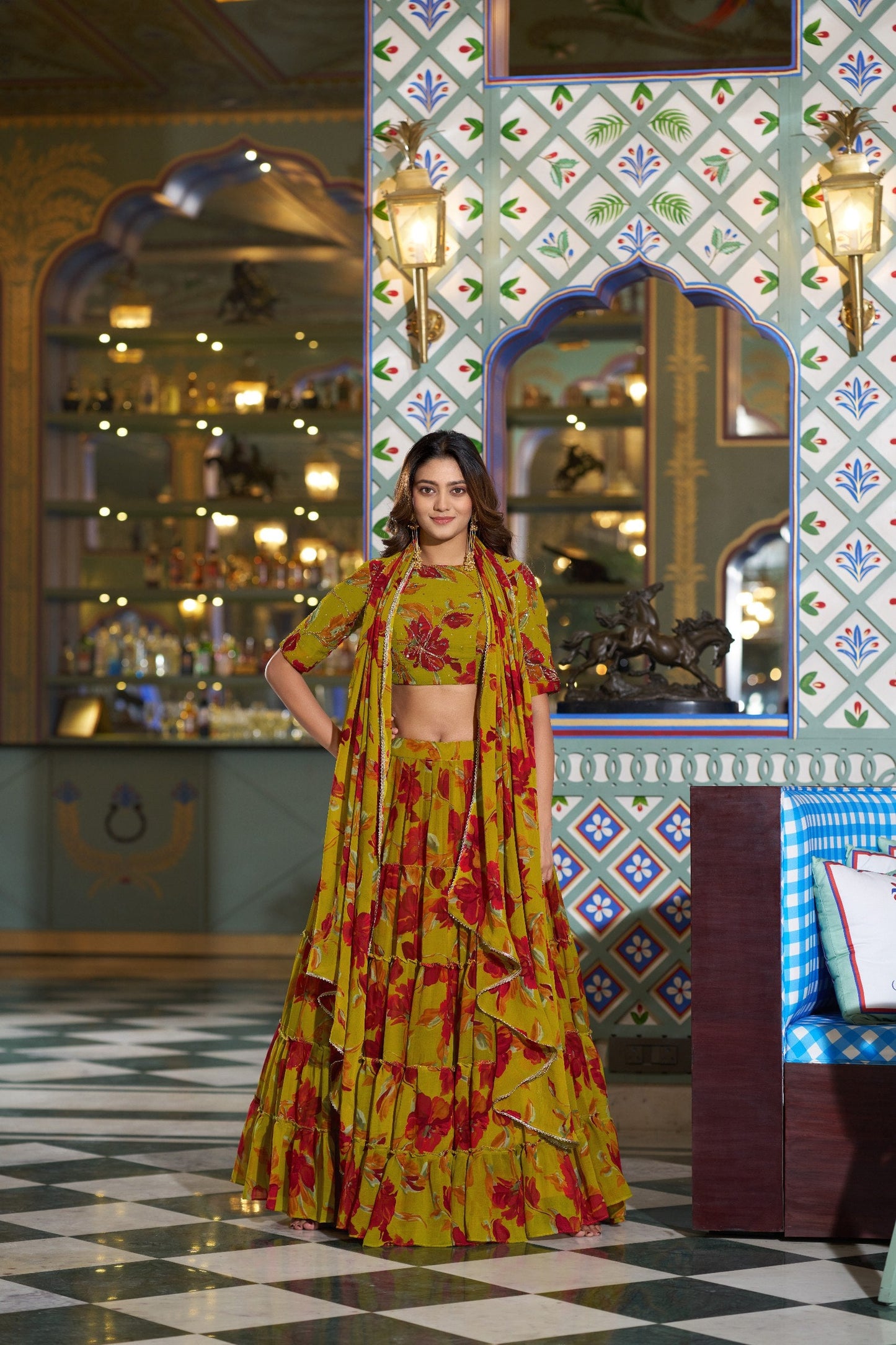 Designer Yellow Color Floral Handwork Printed Haldi Wear Lehenga Choli