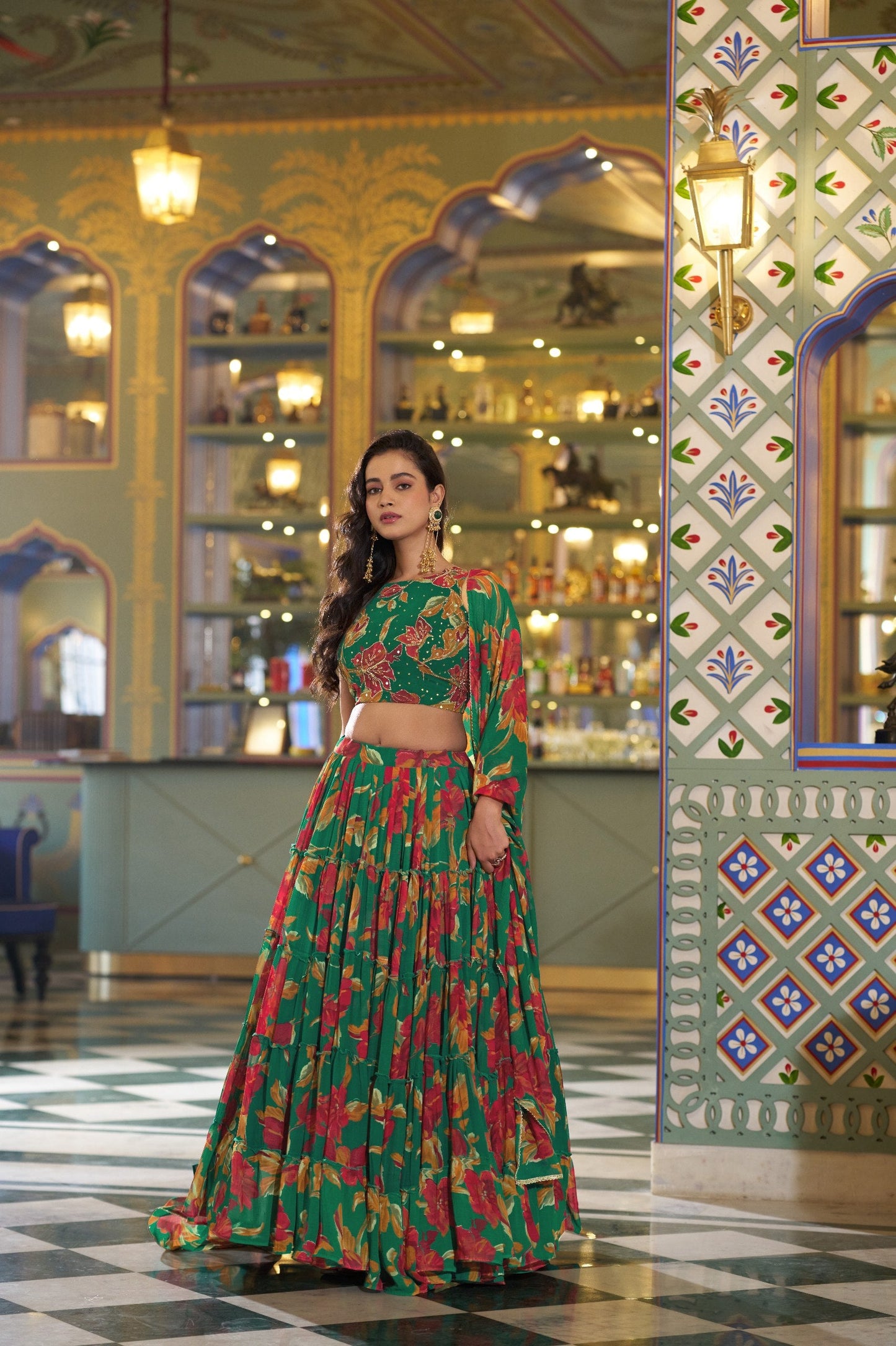 Designer Green Color Floral Handwork Printed Wedding Wear Lehenga Choli
