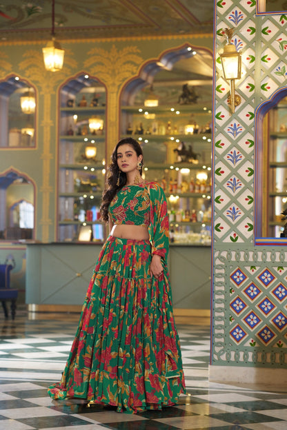 Designer Green Color Floral Handwork Printed Wedding Wear Lehenga Choli
