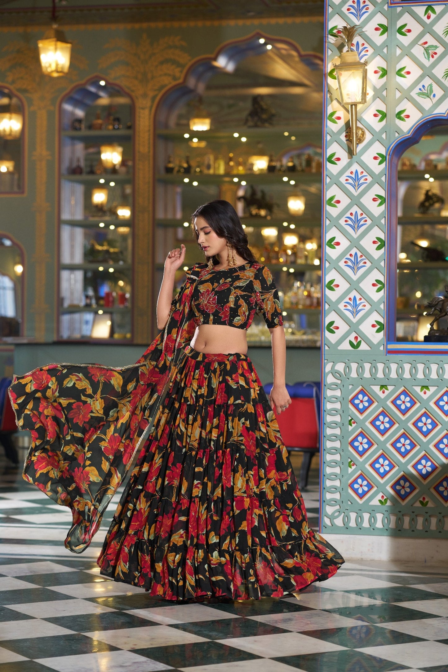 Designer Black Color Floral Handwork Printed Lehenga Choli