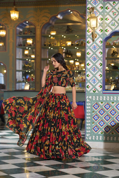 Designer Black Color Floral Handwork Printed Lehenga Choli