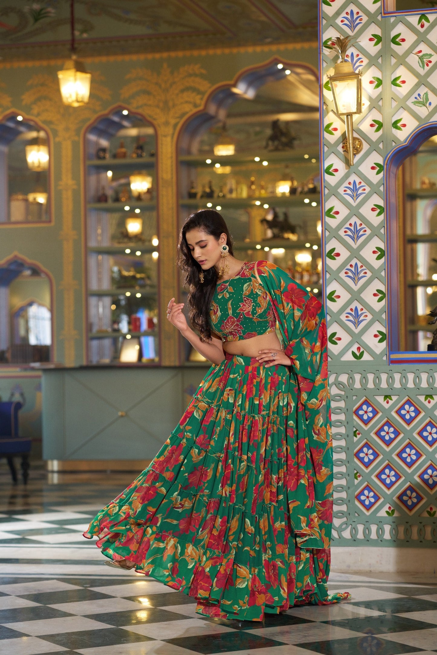 Designer Green Color Floral Handwork Printed Wedding Wear Lehenga Choli