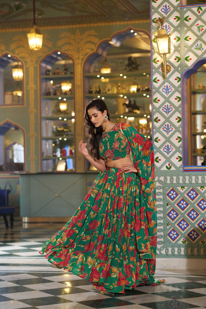 Designer Green Color Floral Handwork Printed Wedding Wear Lehenga Choli