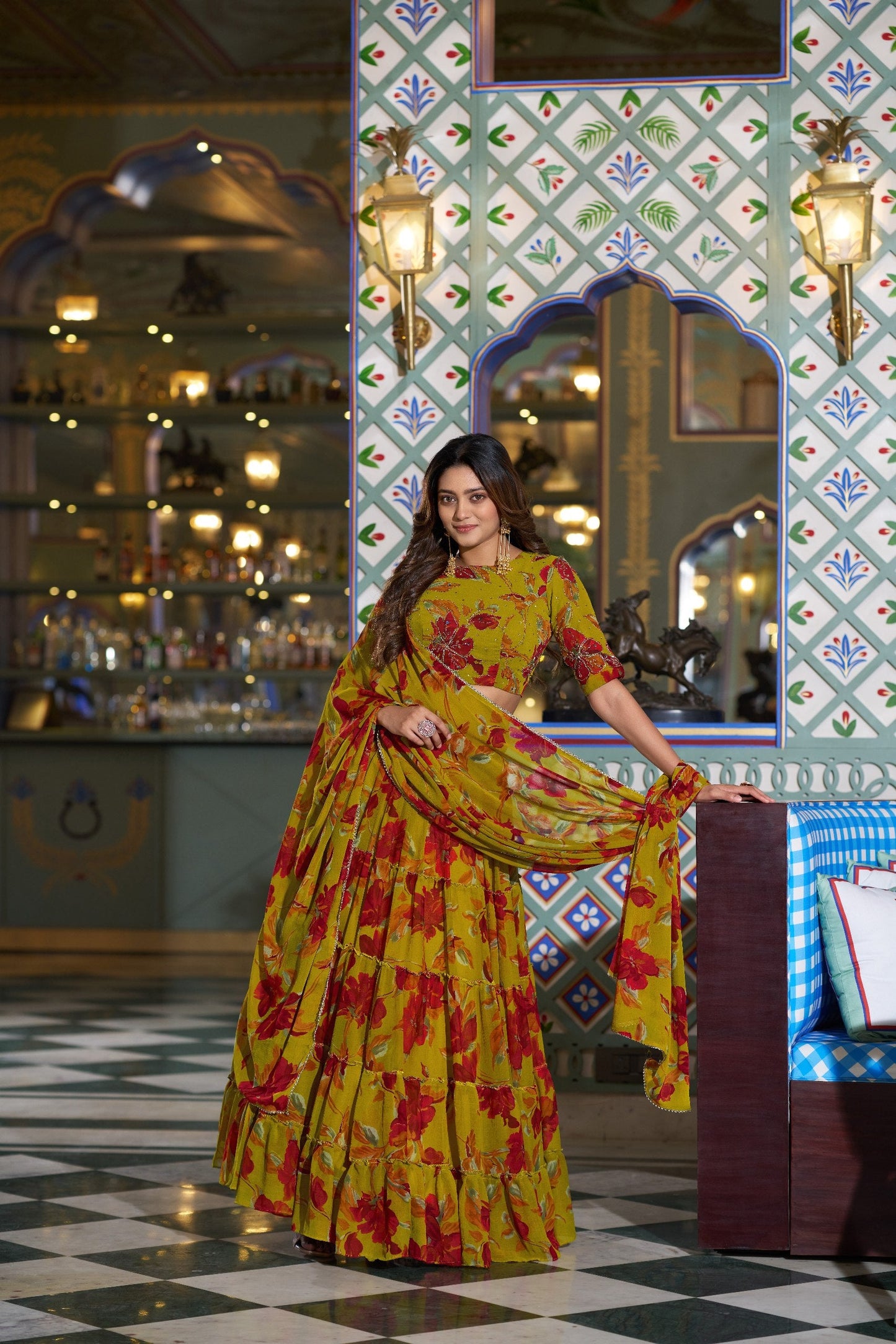 Designer Yellow Color Floral Handwork Printed Haldi Wear Lehenga Choli