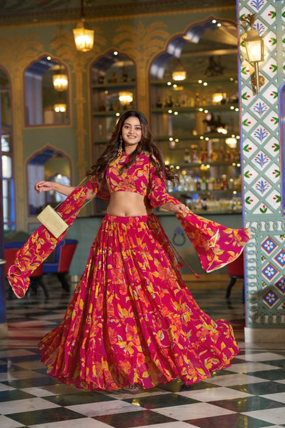 Designer Pink Color Floral Handwork Printed Wedding Wear Lehenga Choli