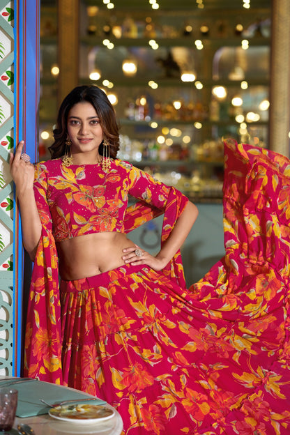 Designer Pink Color Floral Handwork Printed Wedding Wear Lehenga Choli