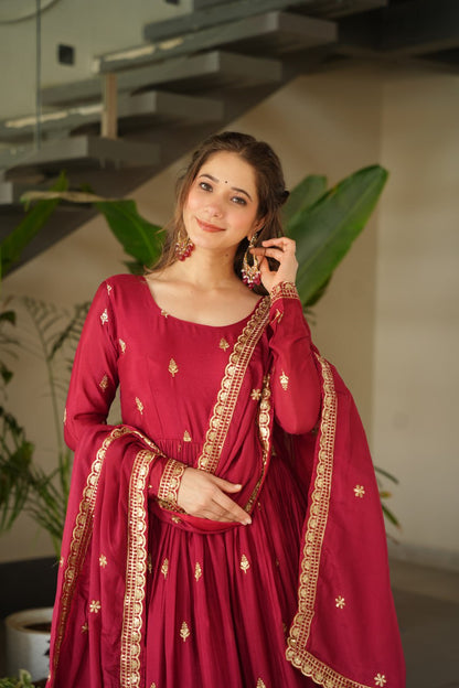 Maroon Color Embroidered Designer Anarkali Gown