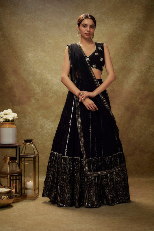 Embellished Black Color Zari Paper Mirror Work lehenga Choli