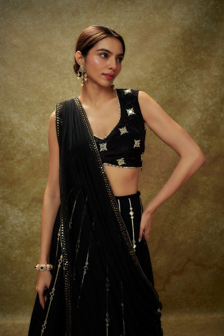 Embellished Black Color Zari Paper Mirror Work lehenga Choli