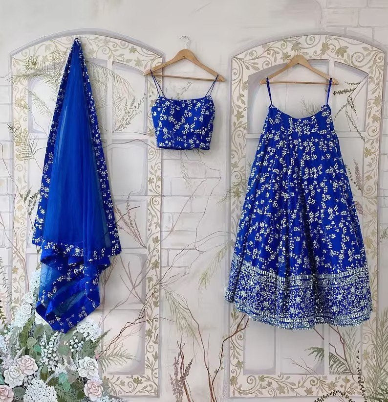 Attractive Blue Color Faux Georgette Sequence Lehenga Choli