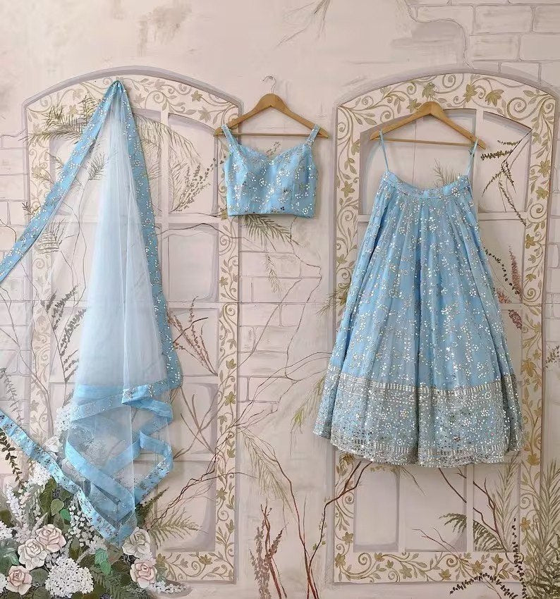 Stylish Sky Blue Color Sequence Zari Embroidered Work Lehenga Choli
