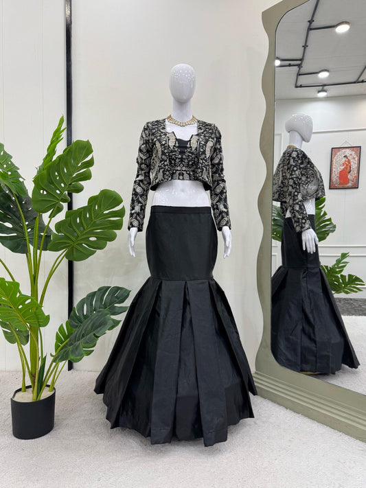Classic Black Color Tapeta Silk And Thread With Sequence Work Lehenga Choli With Koti