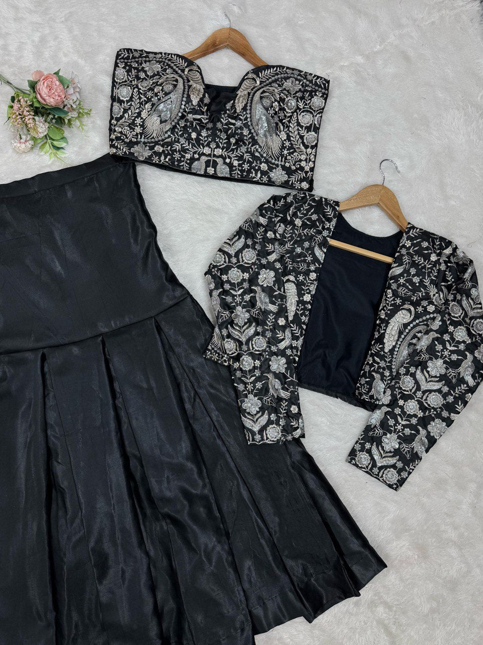 Classic Black Color Tapeta Silk And Thread With Sequence Work Lehenga Choli With Koti