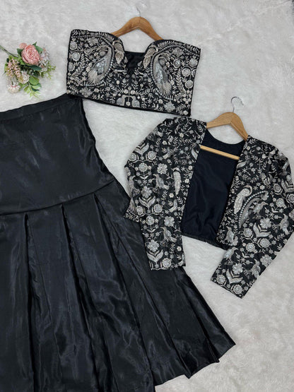 Classic Black Color Tapeta Silk And Thread With Sequence Work Lehenga Choli With Koti