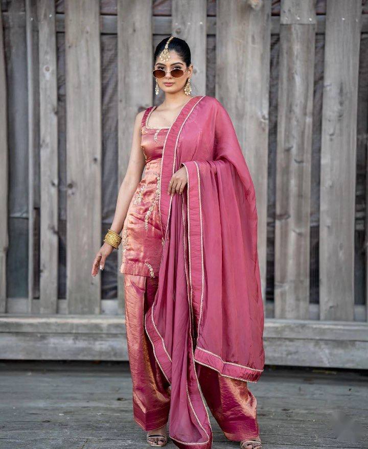 Designer Pink Color Silk Embroidery Work Farshi Set