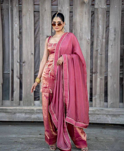 Designer Pink Color Silk Embroidery Work Farshi Set